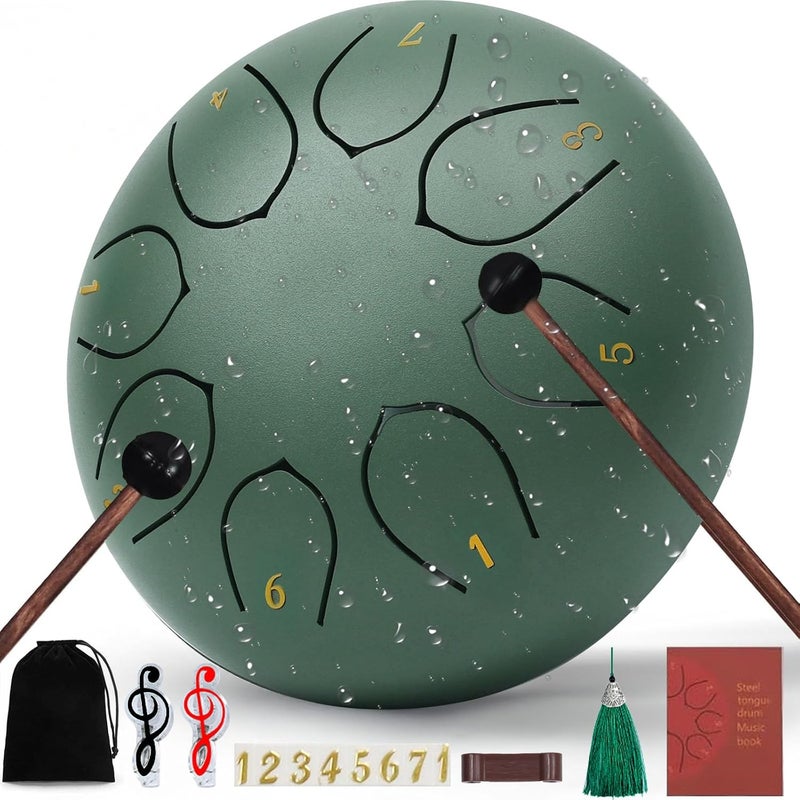 MELHA Rain Drum for Outside Garden6 Inches 8 Notes Steel Tongue Chakra Drums, Waterproof Meditation Rain Chime, Musical Instruments for Gift with Bag, Drum Mallets, Music Book (Green) - Image 1